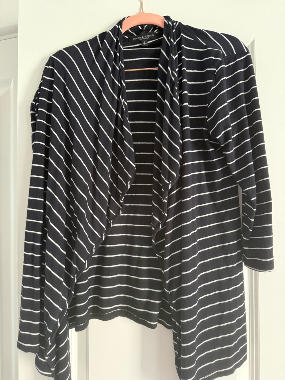 Green Envelope Navy & White Striped Open Cardigan